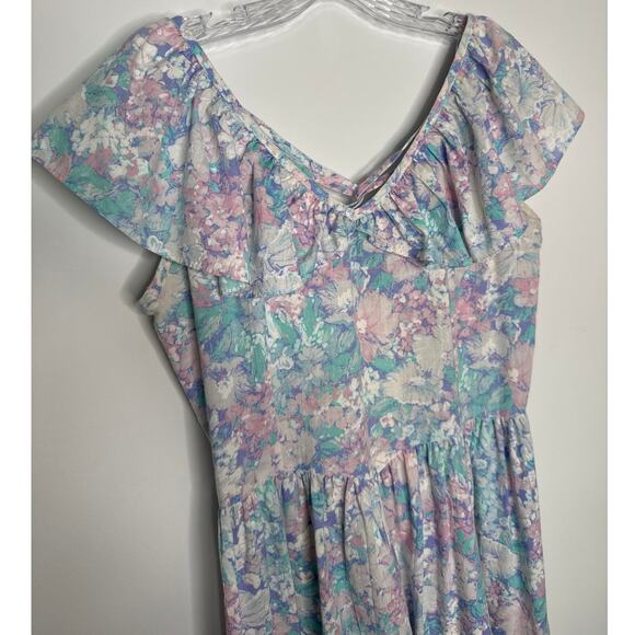 Vintage Lerner Pastel Floral Ruffle Midi Dress Made in USA cottagecore medium - Picture 5 of 14